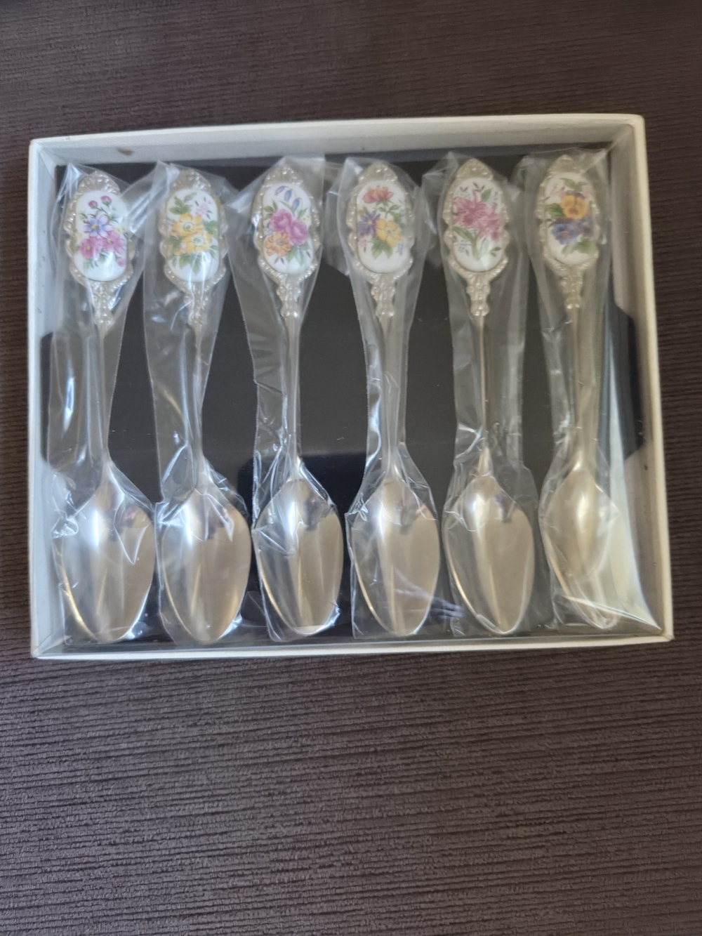 Vintage Japanese Boxed Cameo Spoon Set - Porcelain Floral Insert Teaspoons